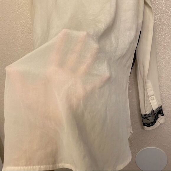 VICTORIA'S SECRET black lace white 100% Silk Button-Down Blouse long sleeve S - Picture 11 of 11